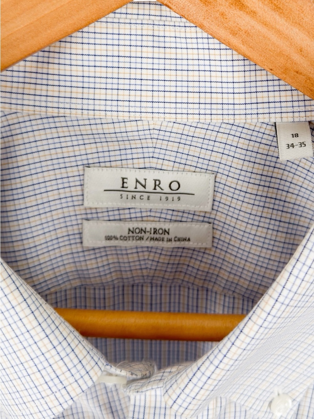 Enro Men's 18 34/35 Dress Shirt Blue Yellow Check Non-Iron Cotton Button Down - Picture 5 of 9